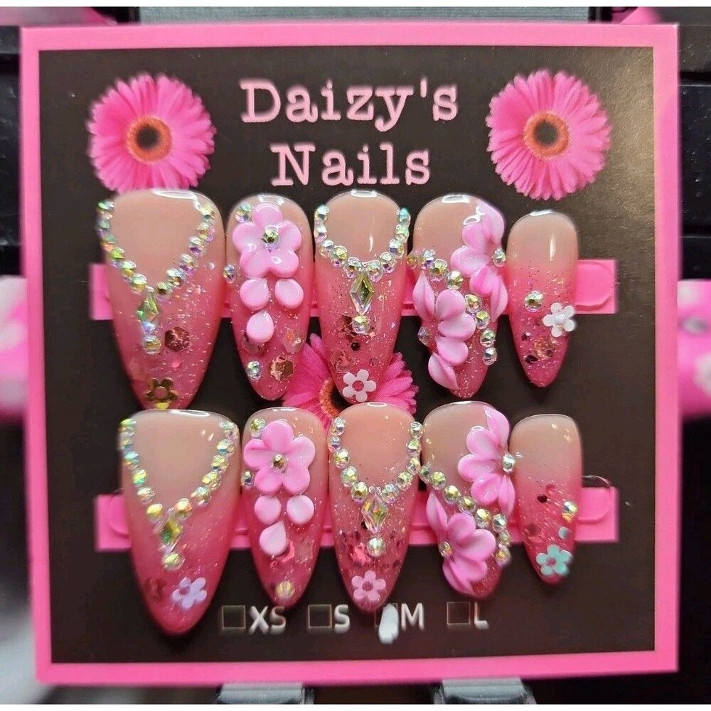 Medium Size Press-on Nail 10Pc Set Handmade Almond 3D Gems Floral 2.5 Cm Length